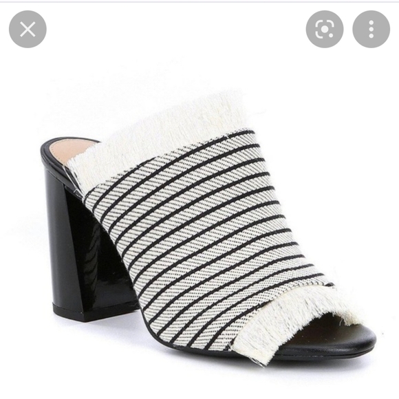 Gianni Bini (Size 9.5M) Frayed Striped Pattern Slipon Peep Toe Mule Chunky Heels - Picture 1 of 13